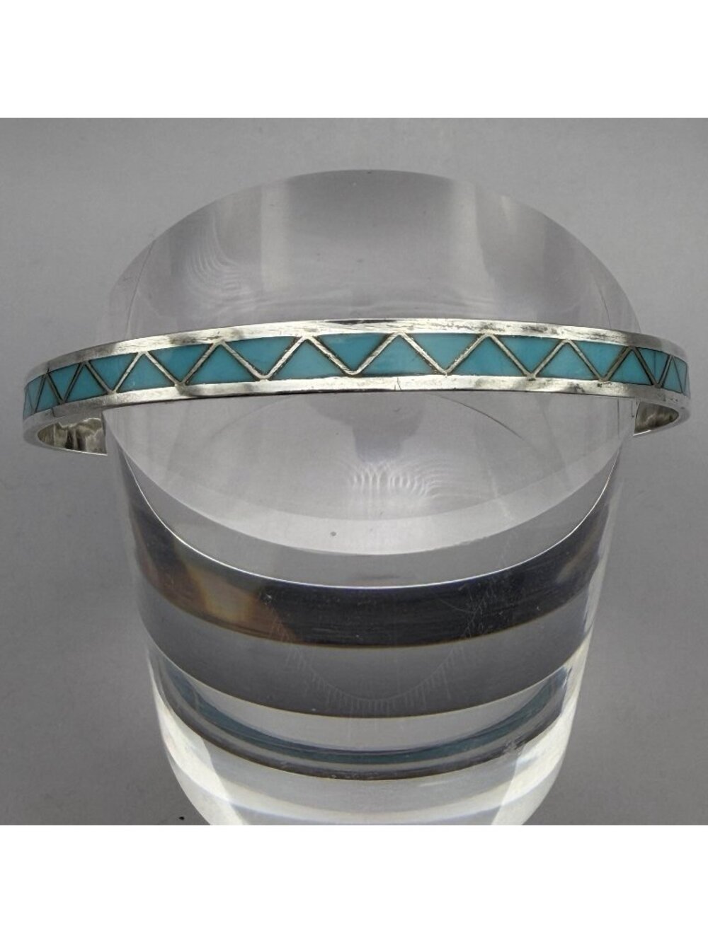 Turquoise Inlay Row Eternity Bangle Bracelet NA Signed SM Sterling Silver Sz 8